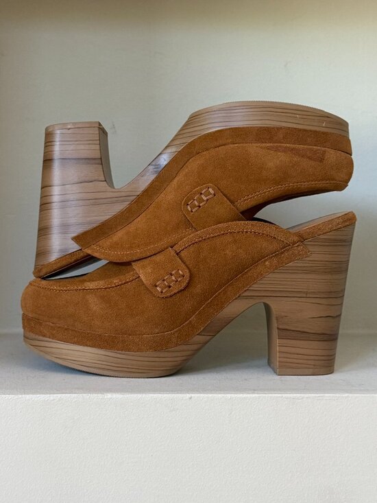 Splendid Shoes - New Splendid Vina Caramel Tan Suede Wood Look Block Heel Platform Mule Clogs 9